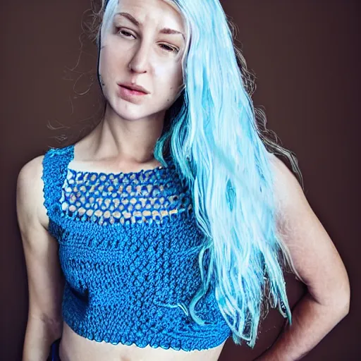 Image similar to A photo of a caucasian female model with blue hair wearing a crocheted croptop