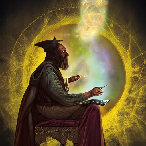 Prompt: wizard performing a tarot reading, cards, fantasy, digital art, soft lighting, 8 k