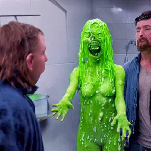 Image similar to big budget body horror movie. Production photograph. Slime.