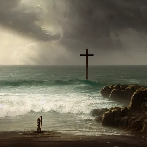 Prompt: a highly detailed matte painting of a large cross standing on the beach as a storm comes in with the tide, woman in a chair watching the ocean, epic fantasy, god rays, rocky beach, ultrawide lense, aerial photography, unreal engine, exquisite detail, 8 k, art by greg rutkowski and alphonse mucha