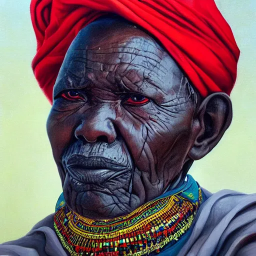 Image similar to a painting of a wise elder from Kenya by Kehinde Wiley . dramatic angle, ethereal lights, details, smooth, sharp focus, illustration, realistic, cinematic, artstation, award winning, rgb , unreal engine, octane render, cinematic light, macro, depth of field, blur, red light and clouds from the back, highly detailed epic cinematic concept art CG render made in Maya, Blender and Photoshop, octane render, excellent composition, dynamic dramatic cinematic lighting, aesthetic, very inspirational, arthouse.