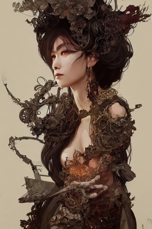 Image similar to A full portrait of a beautiful terrible dystopian junktown Japanese necromancer sorcerer enchanter, intricate, elegant, highly detailed, digital painting, artstation, concept art, smooth, sharp focus, illustration, art by Krenz Cushart and Artem Demura and alphonse mucha