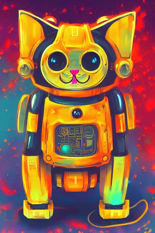 Prompt: cat mecha, robot in the shape of a cat, maneki neko, vibrant colors by anato finnstark