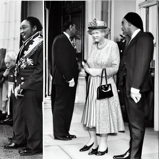 Prompt: the queen of england queen elizabeth the second meeting bob marley at windsor castle, photos by the royal photographers