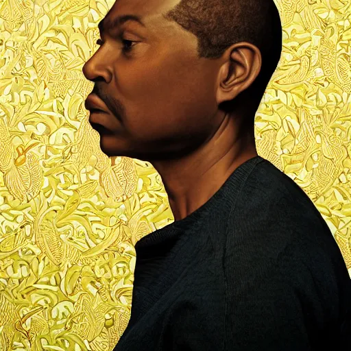 Image similar to a painting of a elegant, well fed, smooth-chinned, long nose, African, elder with few eyebrows by Kehinde Wiley . thinker without facial hair, thoughtful, focused, visionary, calm, jovial, loving, fatherly, generous, . dramatic angle, ethereal lights, details, smooth, sharp focus, illustration, realistic, cinematic, artstation, award winning, rgb , unreal engine, octane render, cinematic light, macro, depth of field, blur, red light and clouds from the back, highly detailed epic cinematic concept art CG render made in Maya, Blender and Photoshop, octane render, excellent composition, dynamic dramatic cinematic lighting, aesthetic, very inspirational, arthouse.