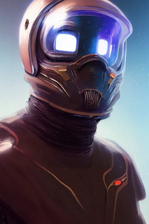 Prompt: upper body portrait of broad-shouldered black man wearing a scifi dune leather spacesuit, nebula in the background, illustration by normal rockwell and adebanji alade, details greg rutkowski, artstation character concept art