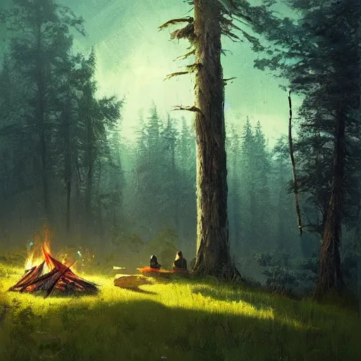 Image similar to rolling hills of the forest, campfire at night, green - blue coloured sky, art by greg rutkowski, trending on artstation, masterpiece