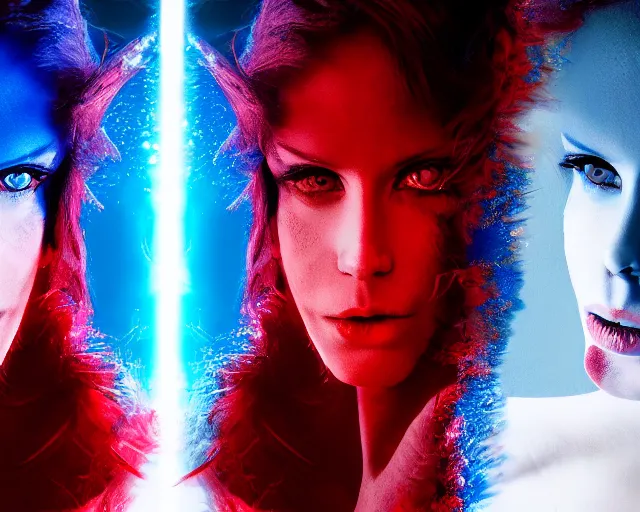 Image similar to red - male - devil and blue - female - angel facing each other in mirrored pose, dramatic lighting, 8 k, high quality, hyper realistic, 3 5 mm photography, epic fantasy masterpiece