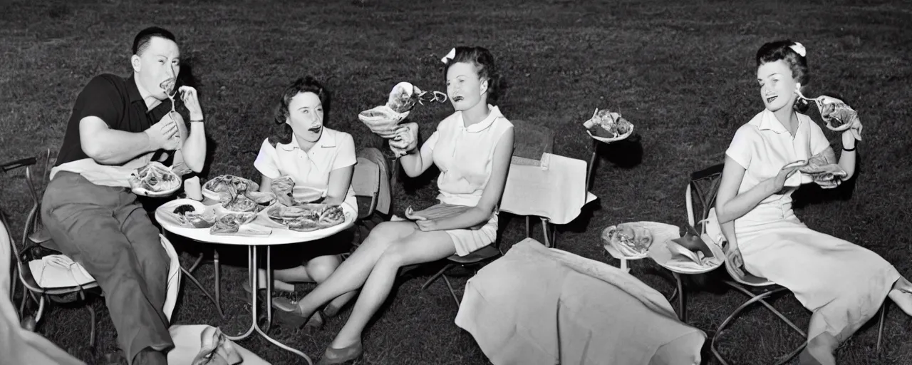 Prompt: 1 9 5 0 s couple eating spaghetti at a drive in movie, in the style of sugimoto, dian arbus,, kodachrome,