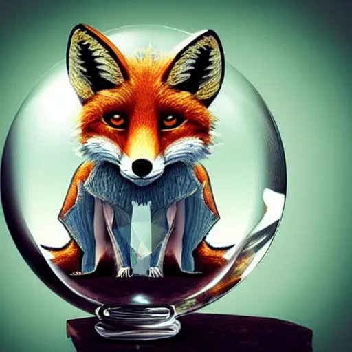 Image similar to anthropomorphous fox wearing gypsy clothing, looking into a magical crystal ball