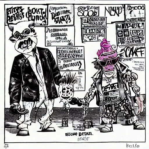 Prompt: Bebop and Rocksteady as Raoul Duke and Doctor Gonzo from Fear and Loathing in Las Vegas. Drawn by Ralph Steadman