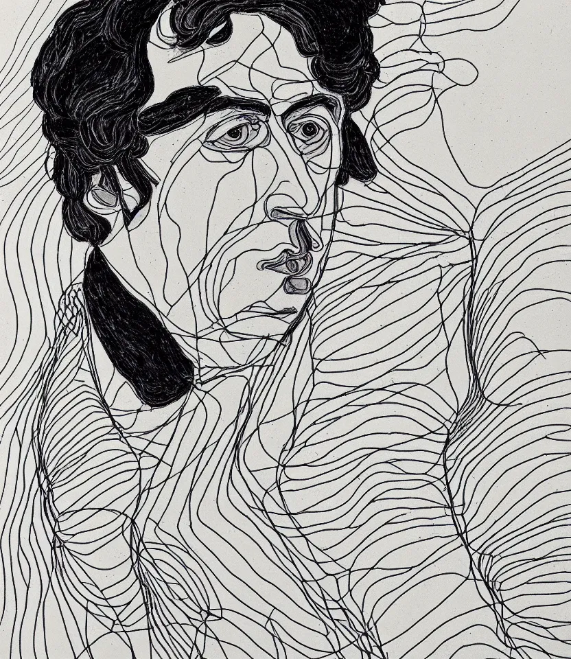 Prompt: elegant line art portrait of frederic chopin. inspired by egon schiele. contour lines, musicality, twirls and curves, strong personality