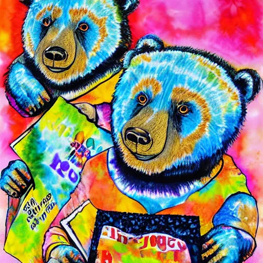 Image similar to 3 bears in tie dye shirts reading newspapers, highly detailed, portrait painting, illustration by scott gustafson