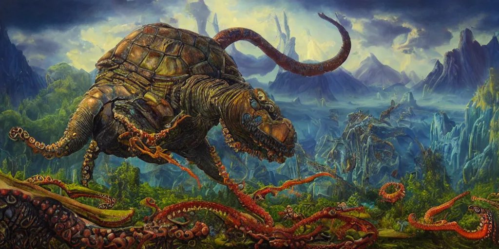 Image similar to fantasy oil painting, great leviathan, cybernetic turtle cephalopod terrapin reptilian pachyderm squid, bella hadid, hybrid, milla jovovich, anubis, epic natural light, lush plants flowers, spectacular mountains, bright clouds, luminous sky, outer worlds, golden hour, michael cheval, edward hopper, michael whelan, vray, hd