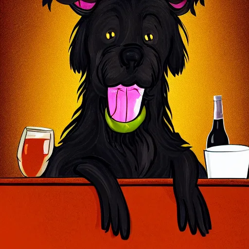 Prompt: a shaggy black dog with vampire fangs drinking at a bar while sitting on a stool. Illustration.