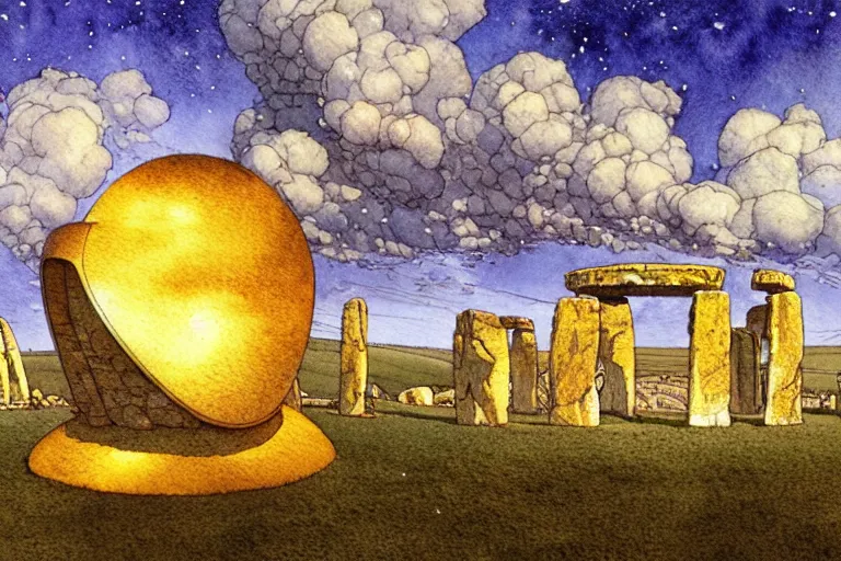 Prompt: a realistic and atmospheric watercolour fantasy concept art of a golden ufo landing on top of stonehenge. by rebecca guay, michael kaluta, charles vess and jean moebius giraud