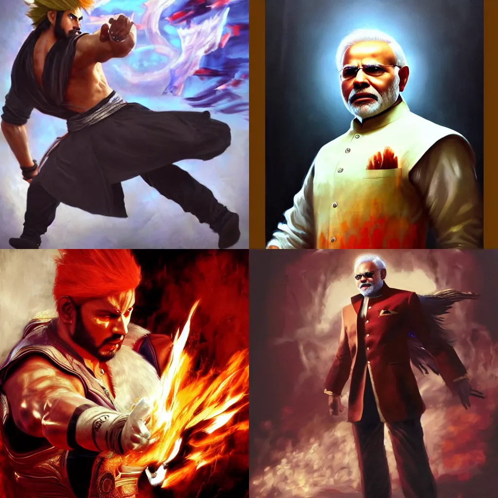 Prompt: Narendra Modi in Tekken 6, masterpiece, oil on canvas, by Greg Rutkowski, neoclassical portrait, chiaroscuro, 8K,