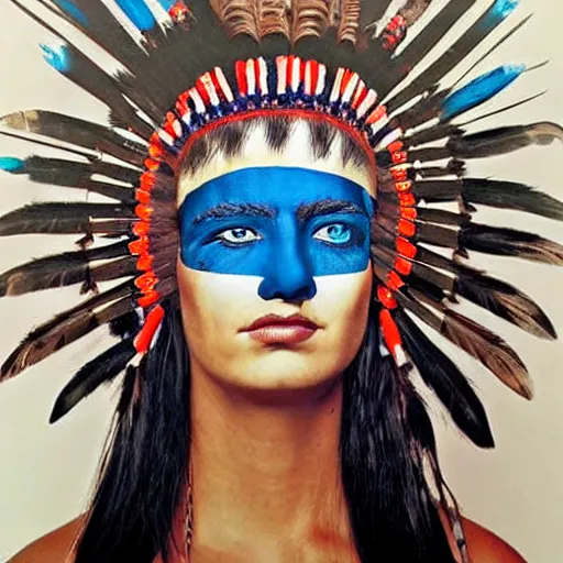 Prompt: a beautiful portrait sculpture designed by Sandra Chevrier, native american headdress, American stars and stripes on face, by Annie Leibovitz