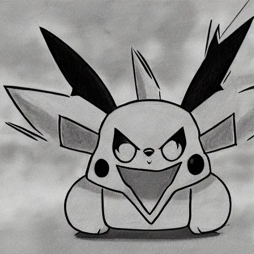 Image similar to an anime image in the style of pokemon, lightly sketched in pencil. a large, angry - looking pikachu with spiky orange ears comes charging at the viewer from a background sea of flames.