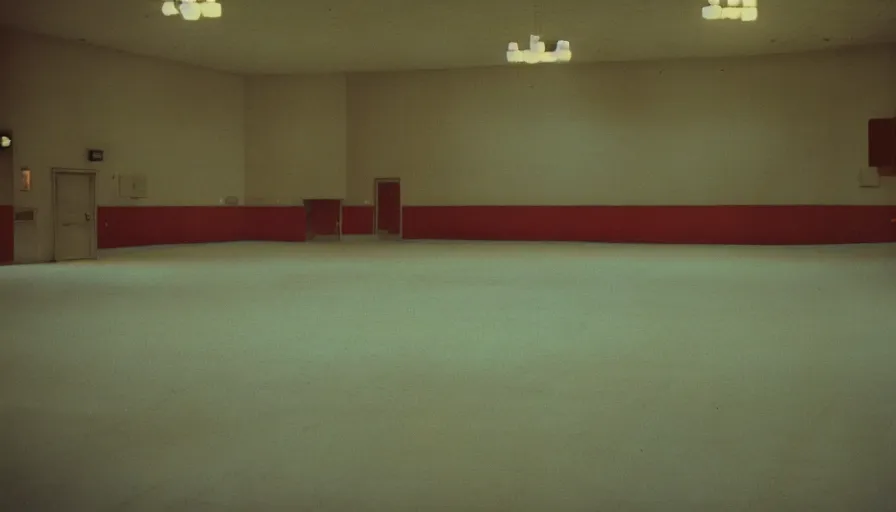 Image similar to 60s movie still of a sovietic stalinist style empty ballroom with many shower, cinestill 800t 50mm eastmancolor, liminal Space style, heavy grain-s 150