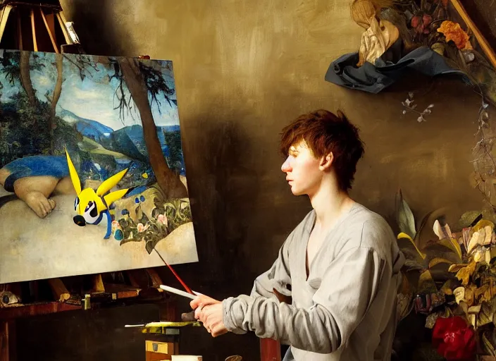 Image similar to a young painter in his studio painting a picture of a colourful pokemon, by edgar maxence and caravaggio and michael whelan and delacroix style, artistic, intricate drawing, cinematic lighting, hyper realistic, extremely detailed, establishing shot, 8 k resolution, dramatic lighting