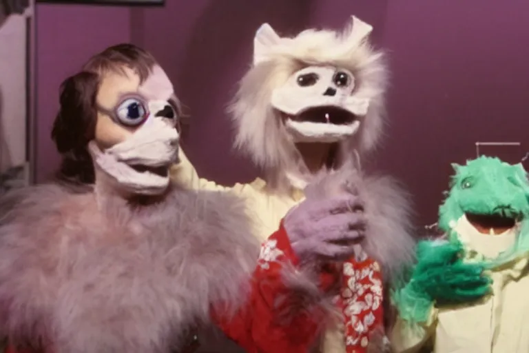 Image similar to a glitchy frame from a horrific live action 1 9 7 9 kids show about unnatural furry puppets