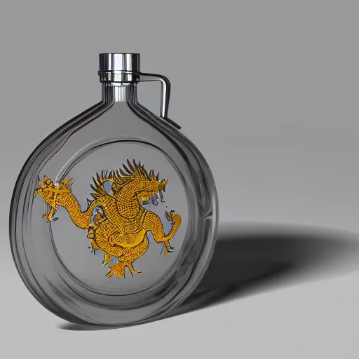 Image similar to transparent ancient boar flask with a Chinese dragon, raytracing, orthographic 3d rendering, octane render