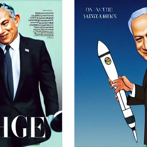 Image similar to a realistic portrait of benjamin Netanyahu holding a rocket missle, Vogue magazine, detailed face, highly detailed