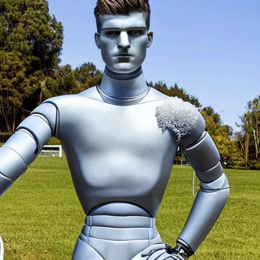 Image similar to a realistic detailed photo of a guy who is an attractive humanoid who is half robot and half humanoid, who is a male android, soccer player timo werner, shiny skin, posing like a statue, blank stare, by the pool, on display, showing off his muscles, humanoid robot, frozen ice statue, made of ice