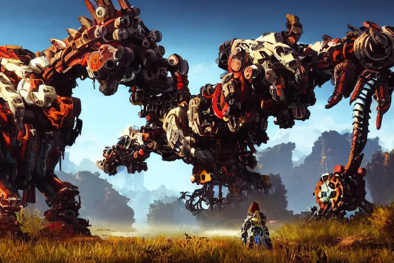 Image similar to snapmaw machine mecha animal beast robot of horizon forbidden west horizon zero dawn bioluminiscence global illumination ray tracing hdr fanart arstation by sung choi and eric pfeiffer and gabriel garza and casper konefal