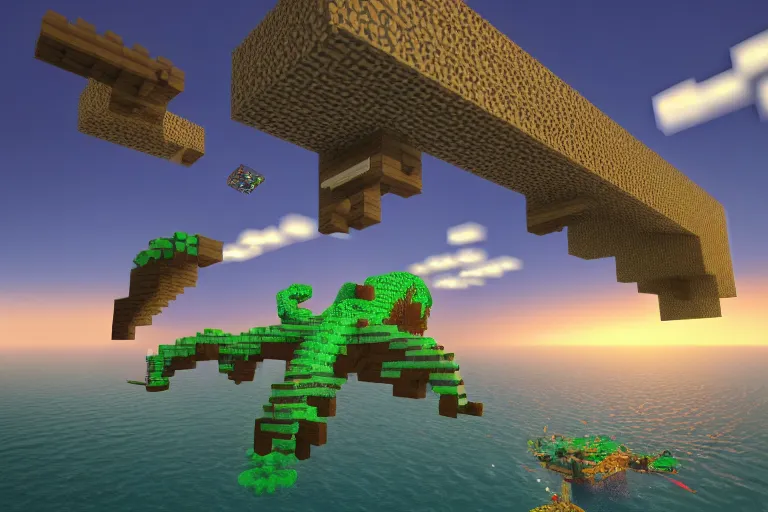 Image similar to giant squids battling in the sky, minecraft, 3 d render, minecraft