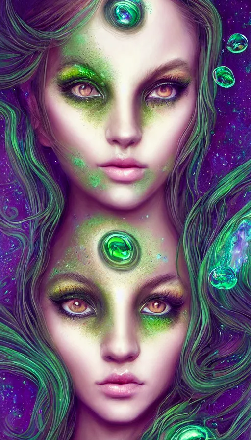 Image similar to unique portrait of magical green ork female , dark fantasy, gradient green black, dreamy and ethereal, (colour) eyes, one head, golden ratio, peaceful expression, ornate frilly dress, fantasy, intricate, elegant, rainbow bubbles, highly detailed, digital painting, artstation, concept art, smooth,b sharp focus, illustration, art by artgerm and greg rutkowski and alphonse mucha