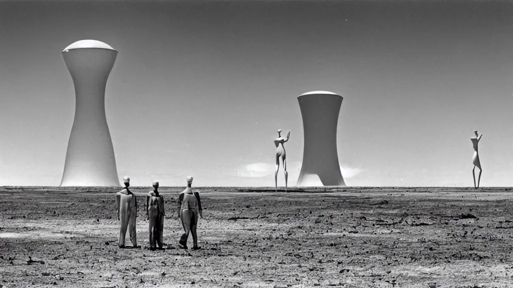 Prompt: a nuclear test site in america, late 50\'s suburban, mannequins, eerie, distopian