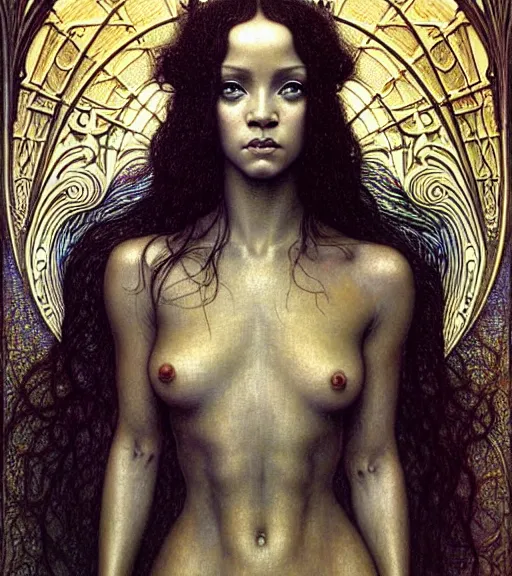 Image similar to detailed realistic beautiful young medieval alien robot rihanna face portrait by jean delville, gustave dore and marco mazzoni, art nouveau, symbolist, visionary, gothic, pre - raphaelite. horizontal symmetry by zdzisław beksinski, iris van herpen, raymond swanland and alphonse mucha. highly detailed, hyper - real, beautiful