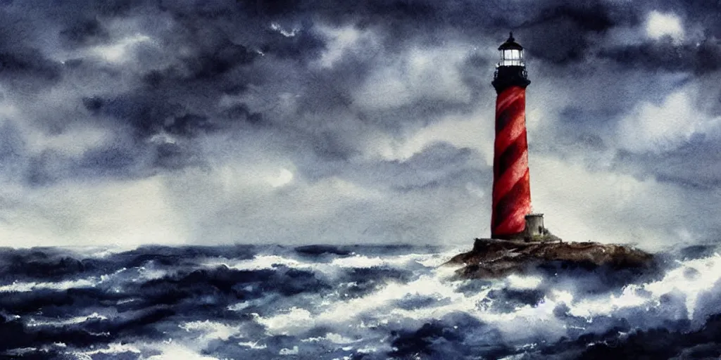 Prompt: stormy sea and dramatic sky, a lighthouse on a cliff, watercolor, artstation, realistic, moody