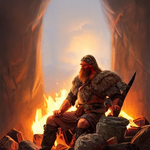 Image similar to Rugged male Viking warrior relaxing by the fire, relaxed, D&D, muscular, upper body, fantasy, intricate, elegant, highly detailed, digital painting, artstation, concept art, smooth, sharp focus, illustration, art by artgerm and greg rutkowski and alphonse mucha