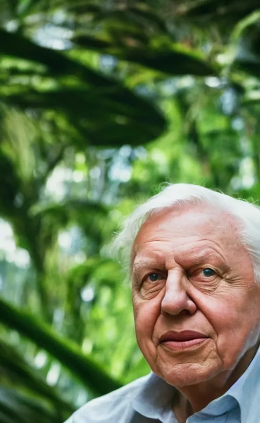 Prompt: Portrait of Sir David Attenborough with a lush tropical jungle in the background, splash art, movie still, cinematic lighting, dramatic, octane render, long lens, shallow depth of field, bokeh, anamorphic lens flare, 8k, hyper detailed, 35mm film grain