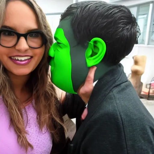 Image similar to a man in a green rubber mask takes a selfie with a girl