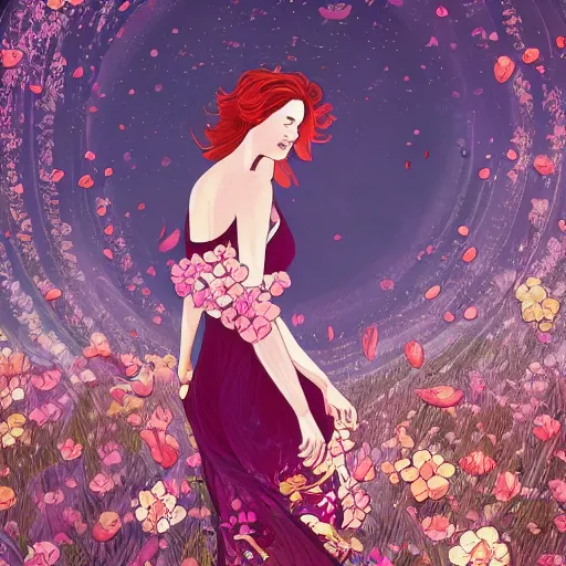 Image similar to Triss Merigold in a swirling sundress of flowers, underwater, floral explosion, radiant light, vortex of plum petals, by WLOP, Victo Ngai and artgerm, artstation, deviantart