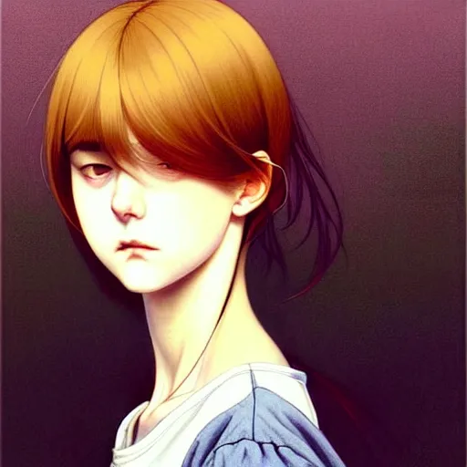 Prompt: a beautiful youth teenage depressed ocd psychotic loner girl in school struggling with morbid thoughts, angry eyes, soft skin, magnificent art by ilya kuvshinov, monet, range murata, artgerm, katsuhiro otomo, norman rockwell, highly detailed intricately sharp focus, bedroom eyes trending on pinterest vogue italia 3 5 mm, 4 k uhd image