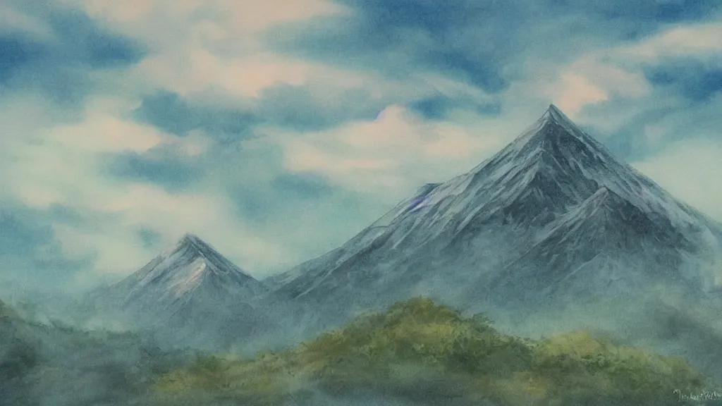 Prompt: a mountain tip in the clouds. haboku artwork.