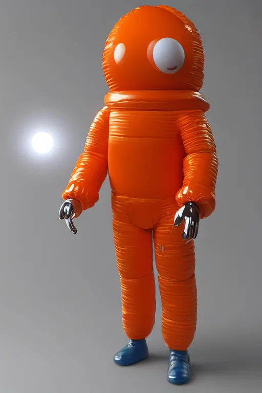 Prompt: still figurine of a tall giant inflated space man action figure wearing over sized orange puffy bomber jacket, googly eyes, tareme eyes, personification, dynamic pose, detailed product photo, tone mapped, beautiful composition, 8 5 mm, f 5. 8, soft lighting