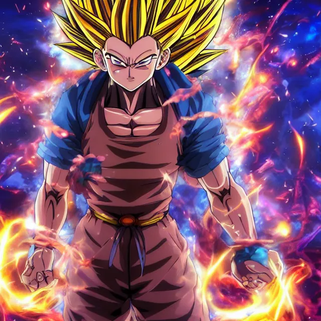 Prompt: aesthetic anime man goes super saiyan in the style of jojo's bizarre adventure, ultrafine hyperrealistic detailed face illustration by kim jung gi, irakli nadar, intricate linework, sharp focus, bright colors, matte, octopath traveler, final fantasy, unreal engine highly rendered, global illumination, radiant light, intricate rainbow environment