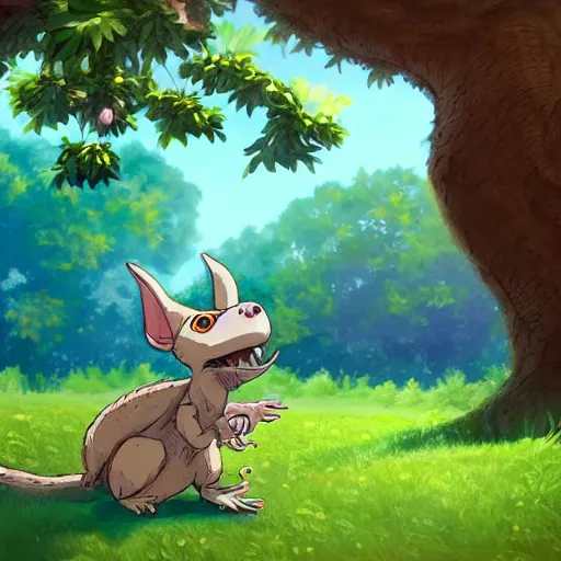Image similar to A cute kobold is enjoying the sweet summer air under the shade of a great oak tree in summer. Ghibli style character focused artwork.