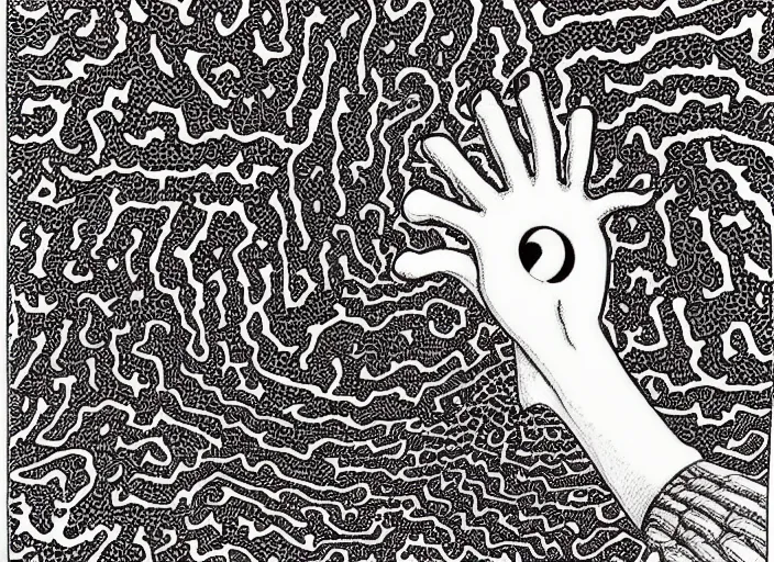 Prompt: a mandelbrot fractal of a hand by junji ito