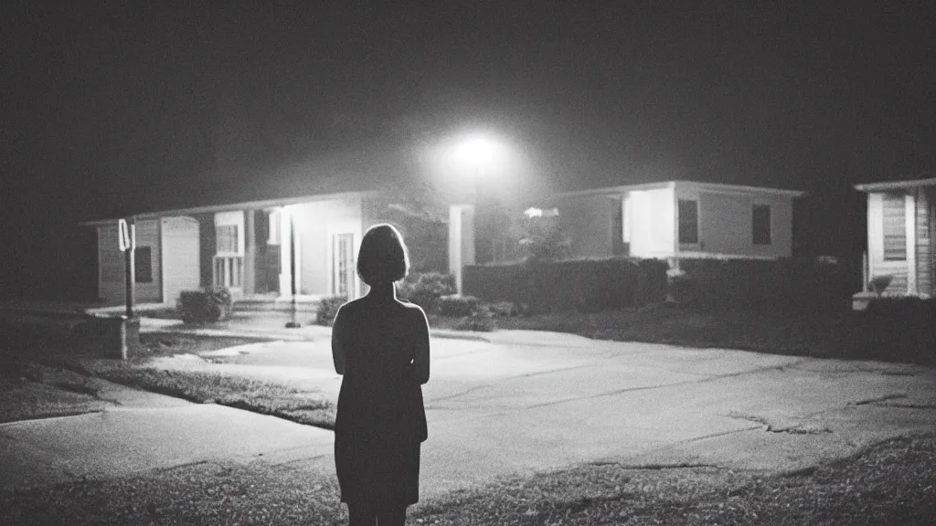 Prompt: “ quiet american neighborhood at night, a woman waiting, photography in the style of gregory crewdson, mist ”
