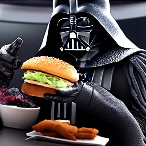 Image similar to A still of Darth Vader eating at Big Mac, 4k, photograph, ultra realistic, highly detailed, studio lighting