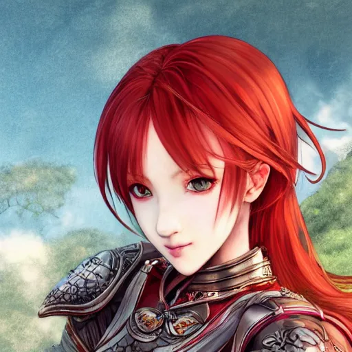 Image similar to a red haired female knight as an absurdly beautiful, elegant, young sensual anime girl, hilly background, ultrafine hyperrealistic detailed face illustration by kim jung gi, irakli nadar, intricate linework, sharp focus, bright colors, matte, octopath traveler, final fantasy, unreal engine highly rendered, global illumination, radiant light, intricate environment