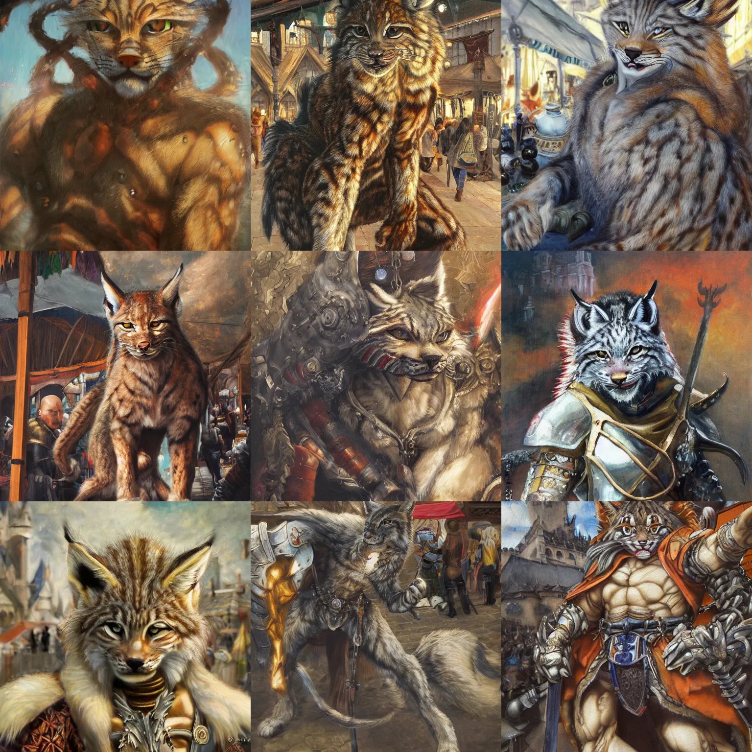 Image similar to 8k Yoshitaka Amano oil painting of upper body of a young cool looking lynx beast-man with white mane at a medieval market at windy day. Depth of field. He is wearing complex fantasy armors. He has huge paws. Renaissance style lighting.