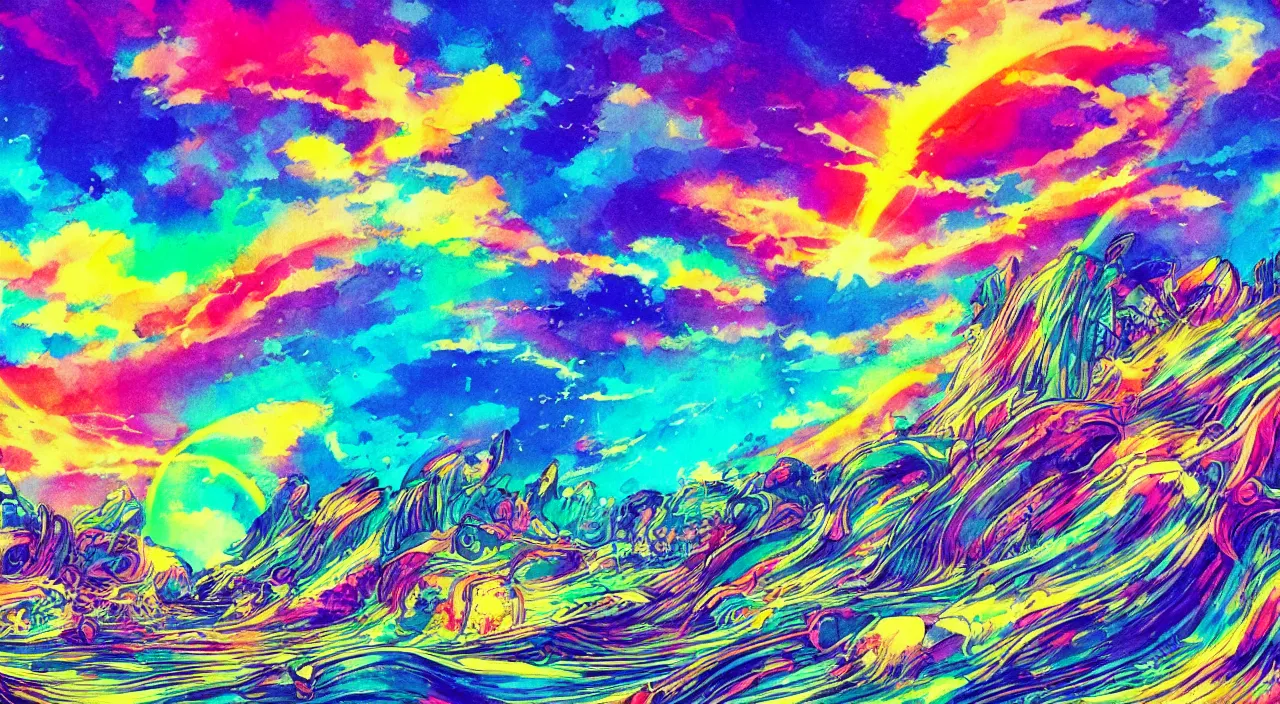 Prompt: A neon wonderland with a rainbow sky with waves of every color of the rainbow in the sky, wavelike clouds, rainbow flowing clouds, vivid landscape, award-winning anime style, wallpaper, relaxing, bright, Watercolor expressionist, comic book style, manga style